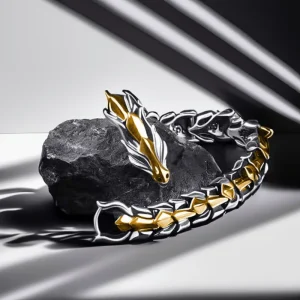 Bracelet Dragon Homme en Acier, Tête Sculptée Viking